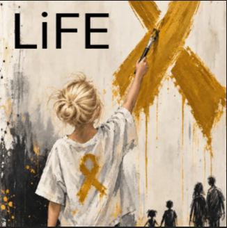 Painting of a little girl painting a gold cancer ribbon beneath the word LiFE